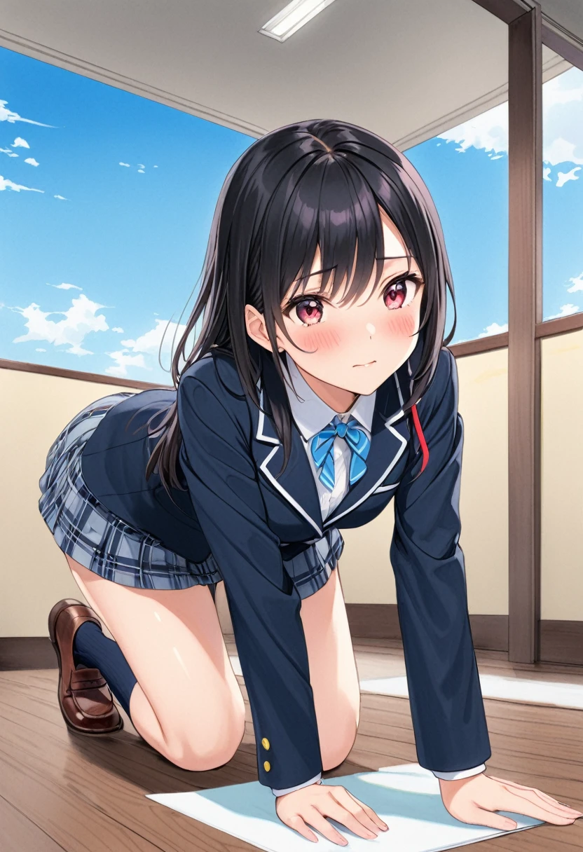 One Woman、On all fours、Panties、Embarrassed face、blush、high school girl、Fair skin、blazer、Accentuate your butt、socks、loafers、Black Hair、art、The background is the roof of the school、blue sky、Colored pencil drawing，draft