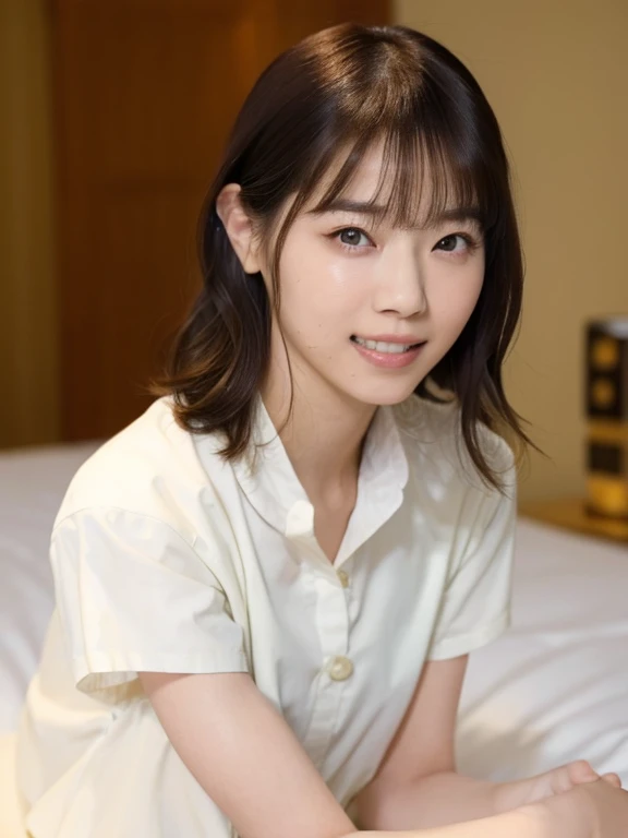 (Masterpiece, Best quality: 1.4), (Ultra realistic, Photo-realistic: 1.2), Full body, (kneeling: 1.2), Natural light, 25 years old actress, Japanese women, (arms behind back: 1.2), Neat and clean, (School uniform, White short-sleeve shirt with collar:1.2), (unbutton:1.3), Short ponytail, Short wavy hair, Light brown hair color, (Beautiful Face), Oval face, clear, (Beautiful eyes, Kind eyes), (Clear skin), Small face, (Small mouth, Beautiful mouth), Natural makeup, Approachable, Luxury hotel Suite room, On bed, (nsfw:1.1), Seductive smile, Seductive pose, Beautiful thighs, Bedroom eyes,
