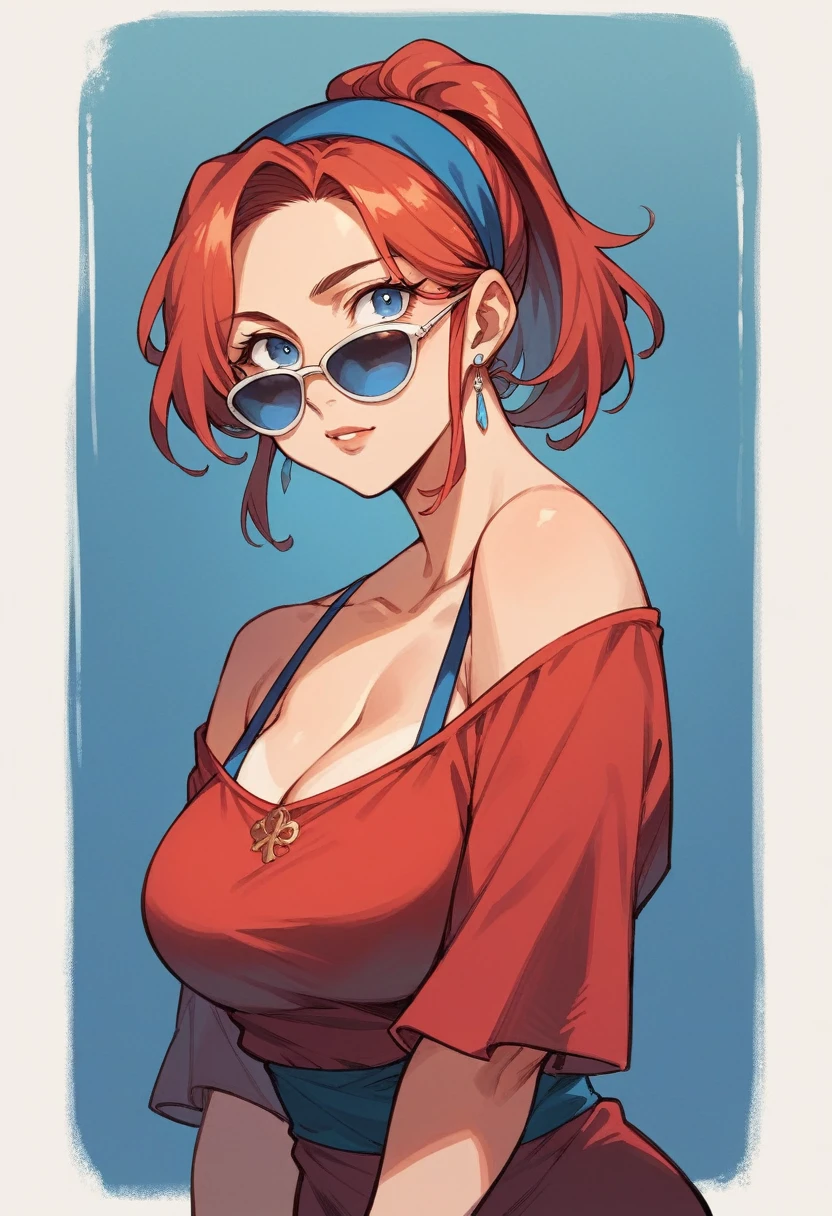 mature Woman,, blue eyes, Red Ponytail, short red dress With blue and white line ,sunglasses,,headband blue, 90's anime style