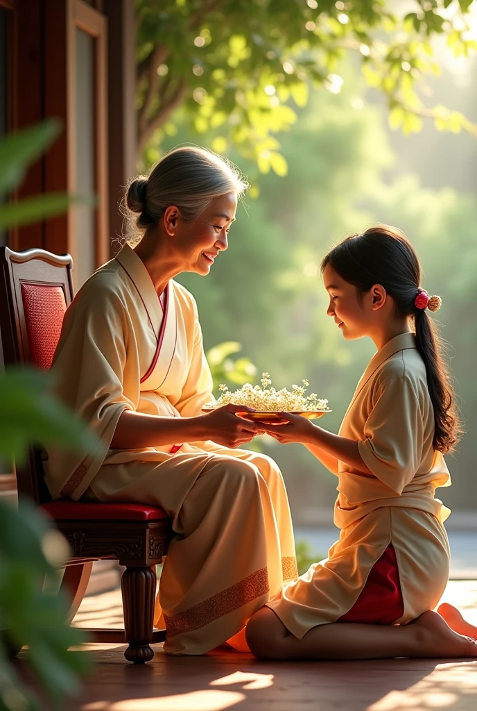 realistic image of a 50-y Thai mother sitting in a traditional-style chair on the front porch of her home, embodies the essence of rural Thai culture, with gentle features ,a warm smile. In front of her, her beautiful 12-y daughter kneels gracefully, wear elegant traditional Thai outfit. The daughter lovingly presents a jasmine garland placed on a tall golden tray to her mother. The scene is set in a lush garden, with bright sunlight streaming through the leaves, a warm and inviting atmosphere. The image should capture intricate details and be rendered in 32K ,highlight the beauty of the moment and the rich cultural elements.'