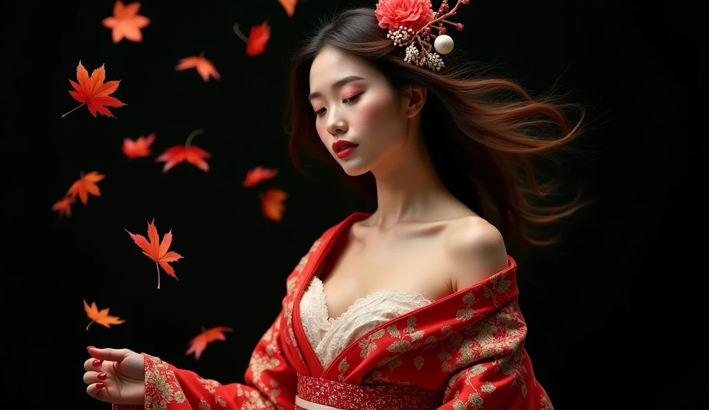 beautiful Japanese woman with big breasts in a revealing kimono, autumn, on a black background, autumn leaves are falling, wind,