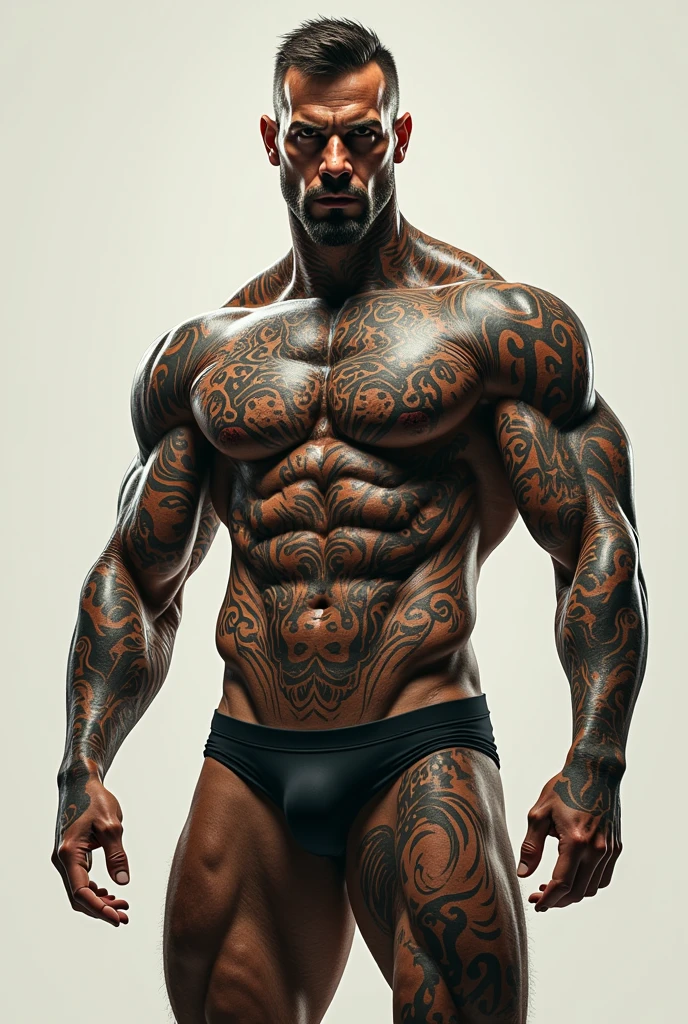 Fully tattooed muscular man with no clothes on