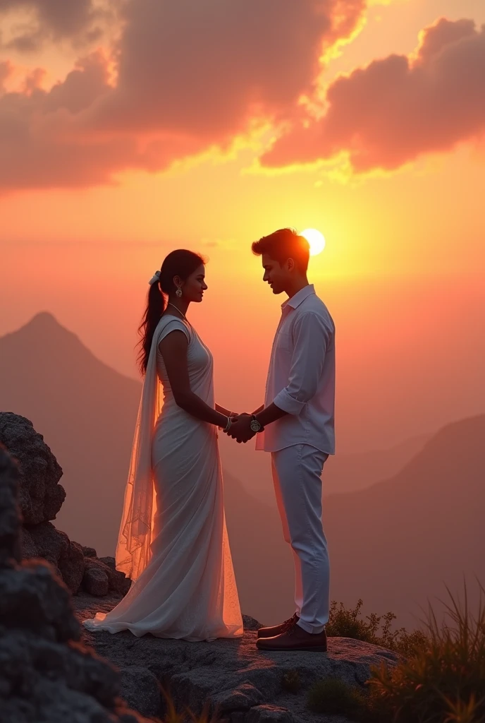   A teenage Indian boy wearing a white shirt and pant proposing a teenage girl wearing a white saree at the end of the mountain with a background of beautiful sunset 
