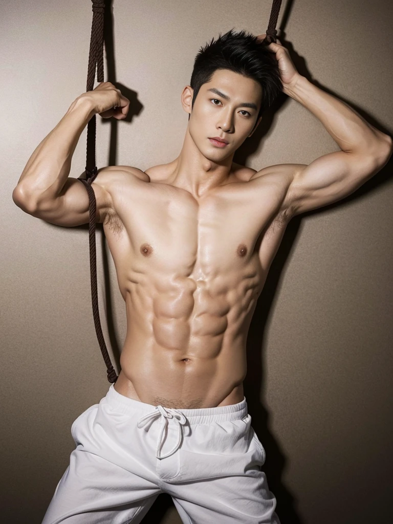 Chinese male actor in a micro thongs, handsome Chinese guy, handsome man, Full Body Shoot, photoshoot, portrait, look at camera, detailed facial parts, lifted arms, Manly, Charmer, Active Boy, standing, top tied up with rope, rope bondage, strangled with rope, harness, wrapped in leather straps, anguished expression, perfect anatomy, symmetric body, asian boy 30years old, shirtless :: high detail, asian, a little six packs attractive body, realistic, human skin, Short Hairstyle, handsome chad chin, shirtless, handsome, attractive, slightly muscular man, masculine, sexually attractive, human skin, (eyes contact), Handsome, Attractive, bulge in briefs, The crotch is raised