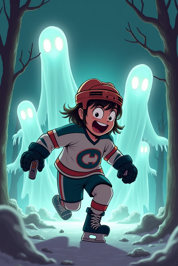 Guy running away from ghosts wearing  equipment while holding a controller cartoon.