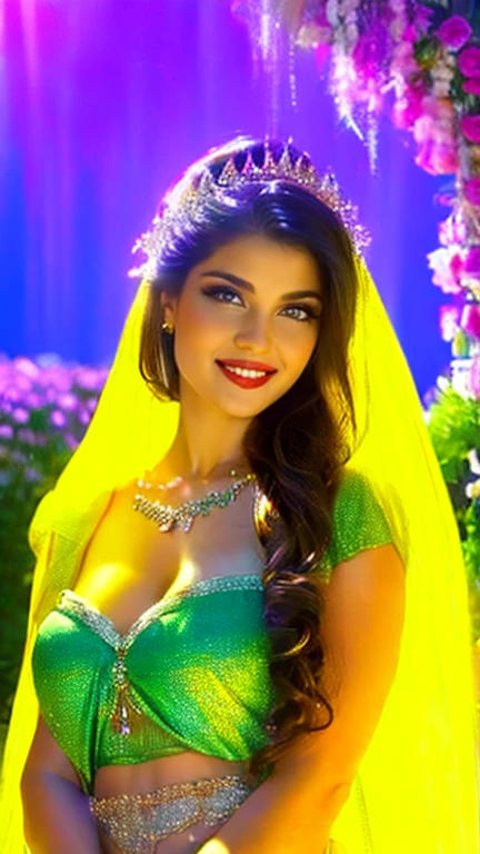 (a beautiful woman in a stunning bra of flowing silk with a radiant smile and captivating eyes),vibrant colors,highres,ultra-detailed,sharp focus,soft lighting,realistic,fantasy-inspired,portraits,subtle color palette,ethereal glow,fairytale,graceful,pastel shades,enchanted garden,lovely flowers,twinkling lights,whimsical ambiance
