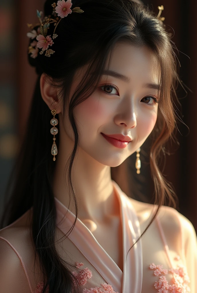 best qualityer, work of art, high resolution, 1 girl, transparent silk china don, beautiful  face, hair ornament, looking ahead at viewer, ssmile, cloused mouth,lips, don,hair ornament, necklase, jewerly, long hair, aretes, beautiful  face,about_cos, Tyndall effect,photorrealistic, dark studio, rim lighting, two tone lighting,(highly detailed skin:1.2), 8k uhd, dslr, soft lighting, high qualiy, volumetric lighting, candid, fot, high resolution, 4K, 8k, bokeh