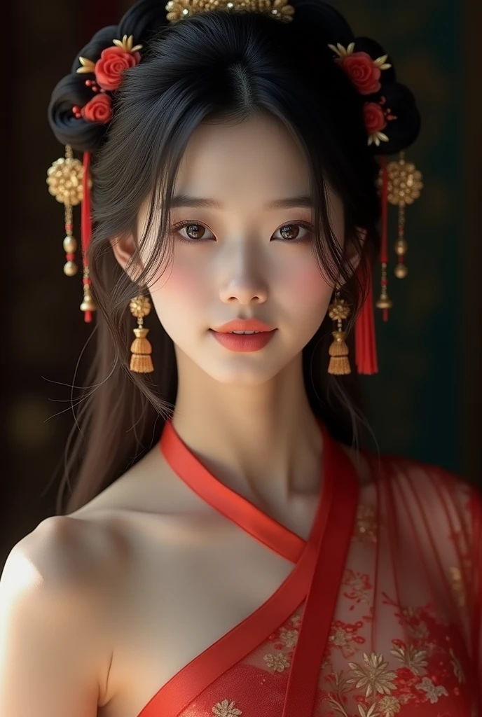 best qualityer, work of art, high resolution, 1 girl, transparent silk china don, beautiful face, hair ornament, looking ahead at viewer, ssmile, cloused mouth,lips, don,hair ornament, necklase, jewerly, long hair, aretes, beautiful face,about_cos, Tyndall effect,photorrealistic, dark studio, rim lighting, two tone lighting,(highly detailed skin:1.2), 8k uhd, dslr, soft lighting, high qualiy, volumetric lighting, candid, fot, high resolution, 4K, 8k, bokeh