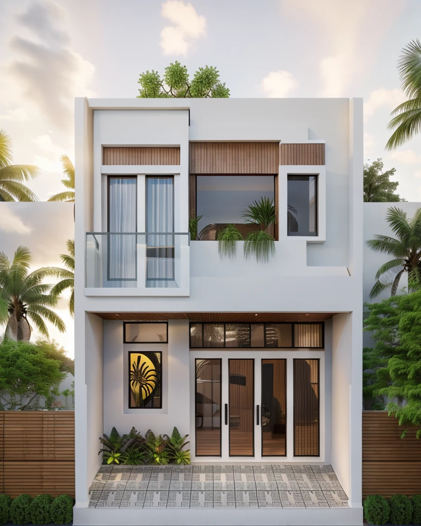 RAW photo,Masterpiece, high quality, best quality, super detail, townhouse, modern house with (tile wall:1.2), glass windows, (wooden ceiling:1.1), railing glass, main door conwood,tropical trees, sunset, beautifu sky, (high detailed :1.2), 16k uhd, dslr, soft lighting, high quality, film grain, 3dmax vray