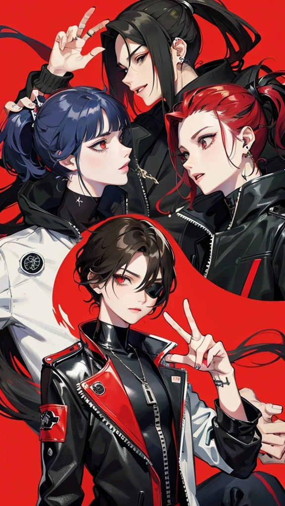 1 boy, anime, futuristic setting, black hair, red streaks in hair, androgynous, shark teeth, eye patch, cropped jacket, earrings, smirk, happy, red eye, streetwear, punk aesthetic, piercings, graffiti, vibrant