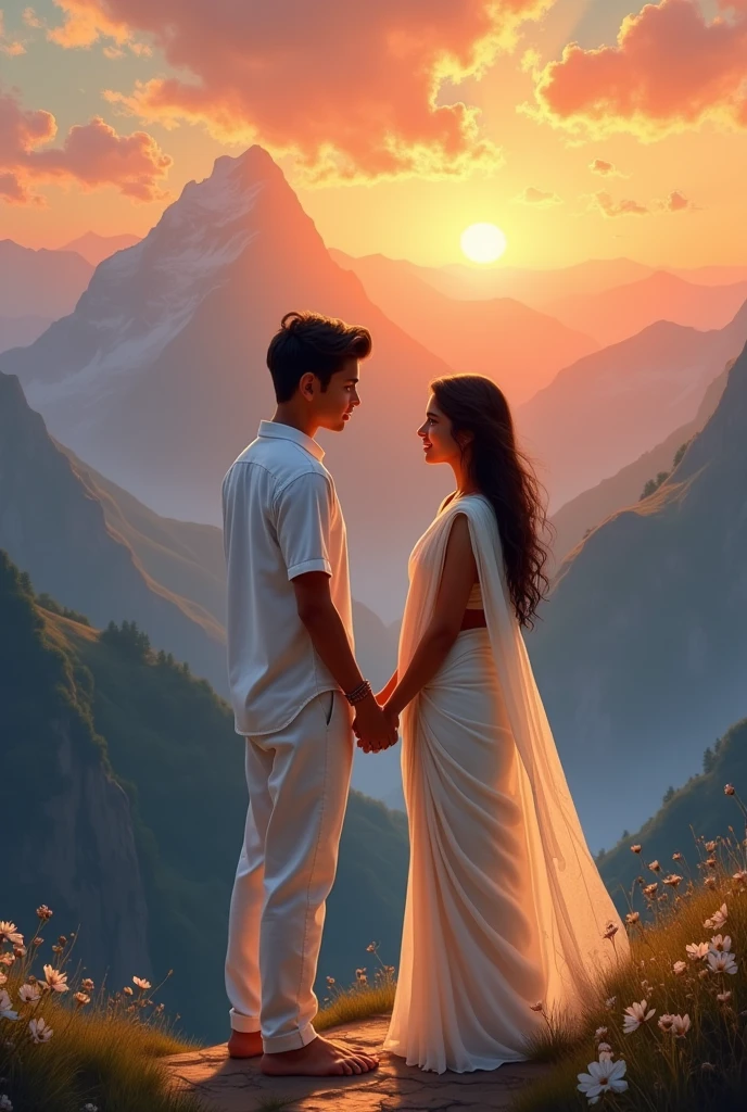 A Indian boy wearing a white shirt and pant proposing a teenage girl wearing a white saree at the end of the mountain with a background of beautiful sunset