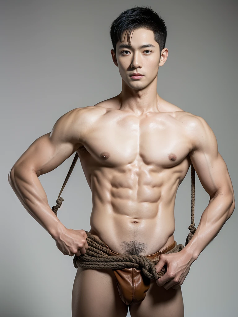 Chinese male actor in a micro thongs, handsome Chinese guy, handsome man, Full Body Shoot, photoshoot, portrait, look at camera, detailed facial parts, lifted arms, Manly, Charmer, Active Boy, standing, top tied up with rope, rope bondage, strangled with rope, harness, wrapped in leather straps, anguished expression, perfect anatomy, symmetric body, asian boy 30years old, shirtless :: high detail, asian, a little six packs attractive body, realistic, human skin, Short Hairstyle, handsome chad chin, shirtless, handsome, attractive, slightly muscular man, masculine, sexually attractive, human skin, (eyes contact), Handsome, Attractive, bulge in briefs, The crotch is raised