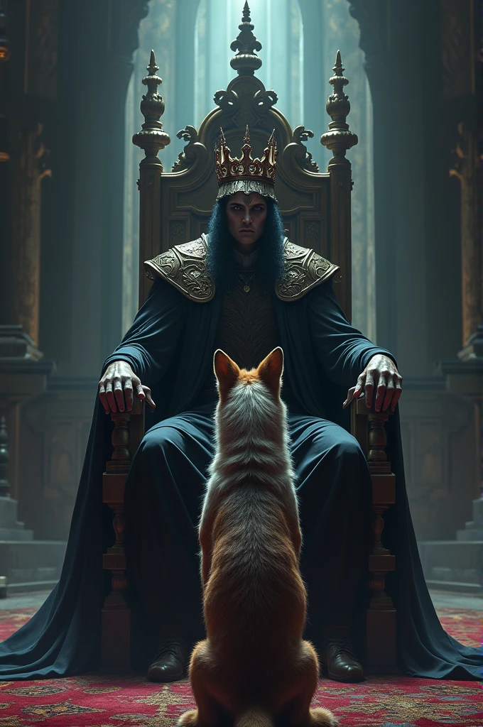 A scene of a dark lord of Mu sitting on a throne , being attacked by a wolf wearing a football team shirt , Juventus and with a crown