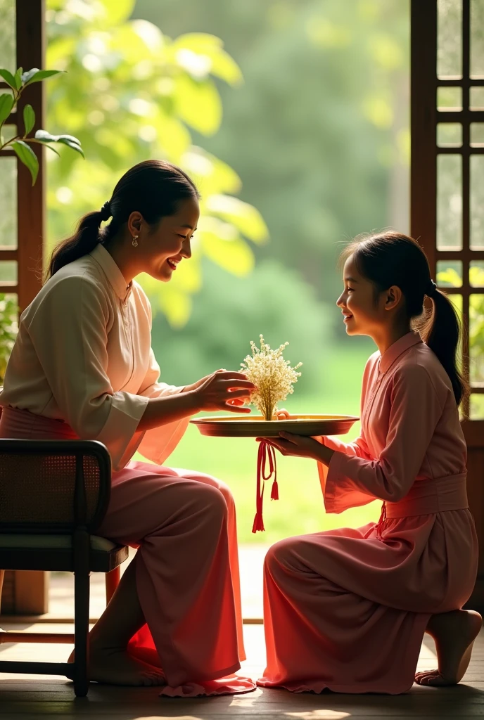 realistic image of a 50-y Thai mother sitting in a traditional-style chair on the front porch of her home, embodies the essence of rural Thai culture, with gentle features ,a warm smile. In front of her, her beautiful 12-y daughter kneels gracefully, wear elegant traditional Thai outfit. The daughter lovingly presents a jasmine garland placed on a tall golden tray to her mother. The scene is set in a lush garden, with bright sunlight streaming through the leaves, a warm and inviting atmosphere. The image should capture intricate details and be rendered in 32K ,highlight the beauty of the moment and the rich cultural elements.'