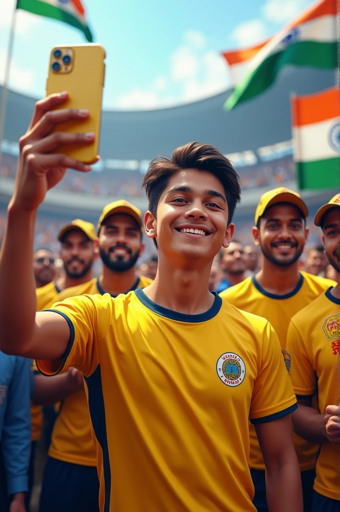 A 20 Years old Pti fan Young Boy Wearing yellow Colour T-shirt With Name "Shiva is written, boy standing with dhoni and 11 player with yellow jersey and dhoni take a ipl trophy, The boy is holding a iphone 15 pro max mobile and taking a selfie with him, indian Flags are Flying in the Back of them And Have Many cricket Supporters there, 3D art painting Realistic photo