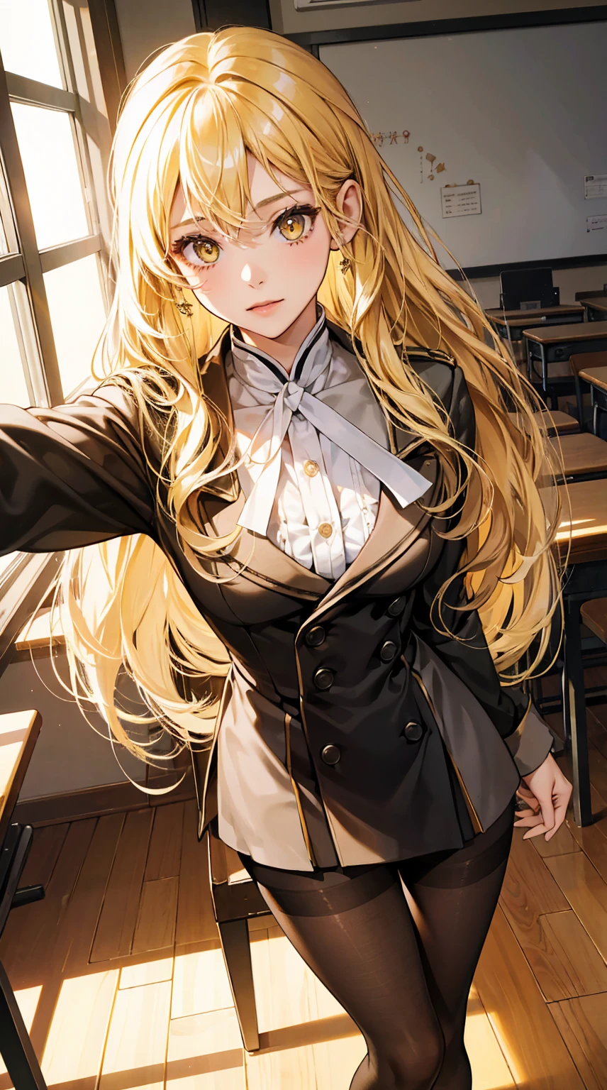 1girl, 30 years old, classroom of the elite, blonde hair, long hair, blonde, yellow eyes, black pantyhose, Garyu style