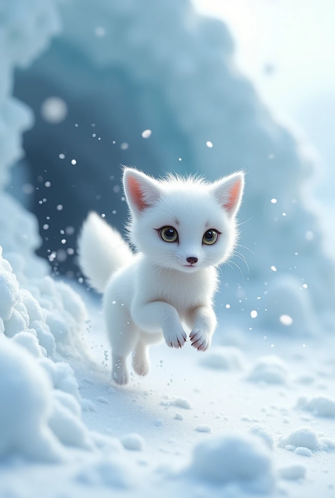 Cute white fox, Jump out of an avalanche