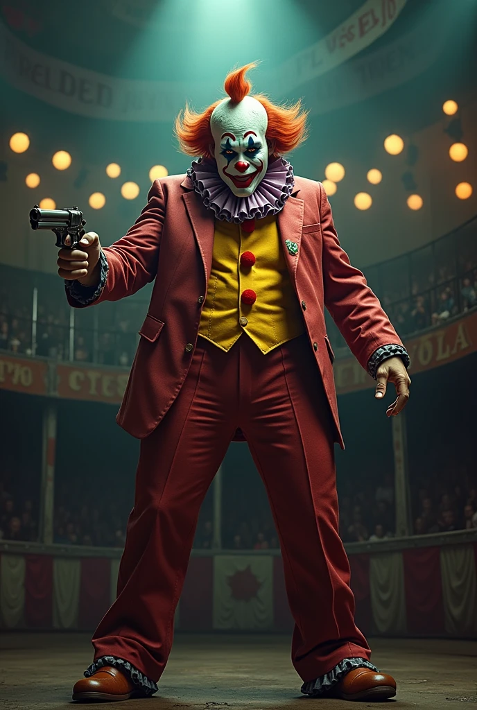 A tall muscular circus clown with a revolver