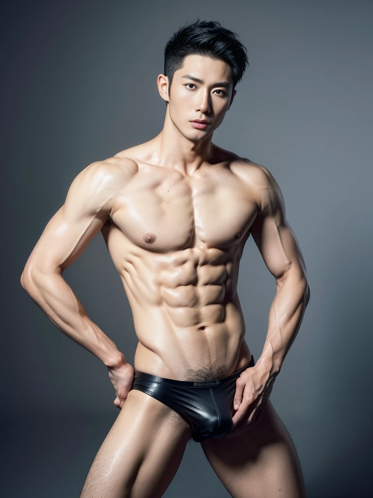 Chinese male actor in a micro thongs, handsome Chinese guy, handsome man, Full Body Shoot, photoshoot, portrait, look at camera, detailed facial parts, lifted arms, Manly, Charmer, Active Boy, standing, top tied up with rope, rope bondage, strangled with rope, harness, wrapped in leather straps, anguished expression, perfect anatomy, symmetric body, asian boy 30years old, shirtless :: high detail, asian, a little six packs attractive body, realistic, human skin, Short Hairstyle, handsome chad chin, shirtless, handsome, attractive, slightly muscular man, masculine, sexually attractive, human skin, (eyes contact), Handsome, Attractive, bulge in briefs, The crotch is raised
