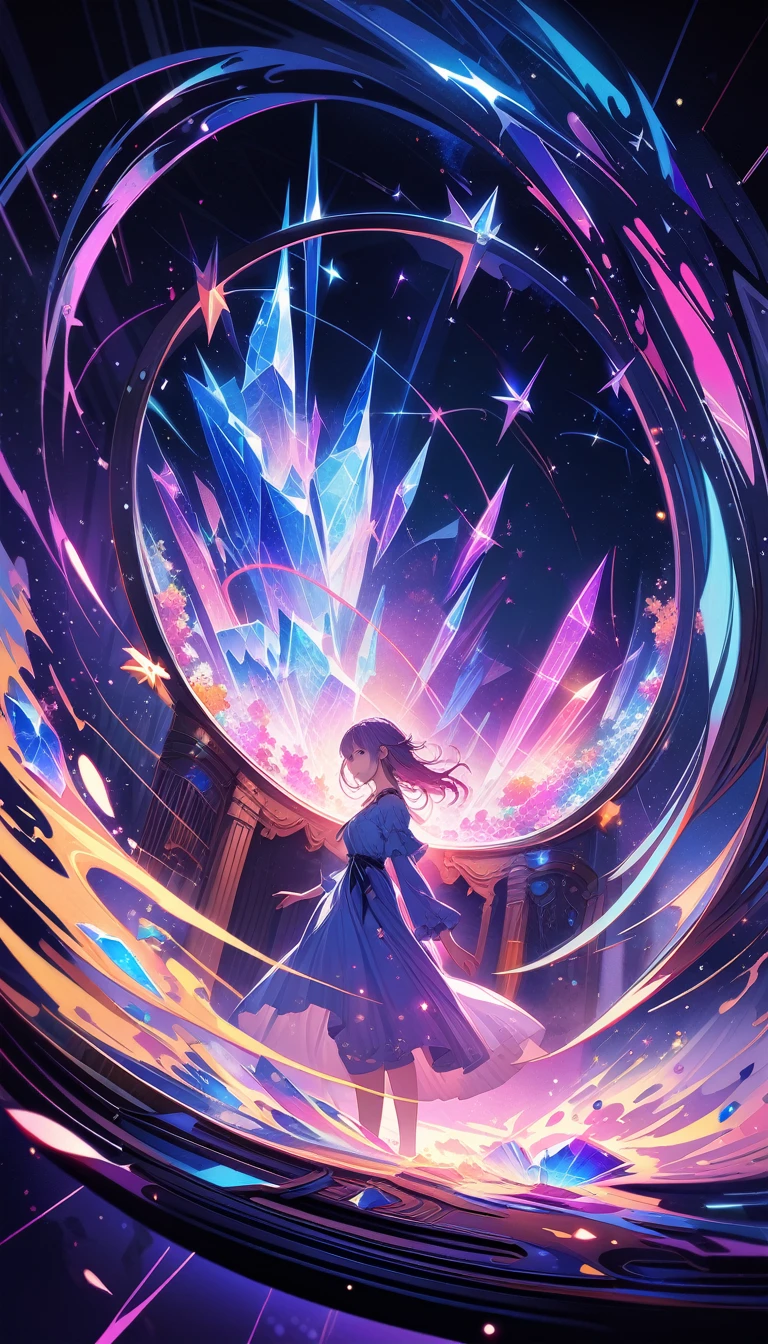 A girl is dancing acrobatically in the starry sky, surrounded by constellations, on black background, white stars and lines forming constellations around her silhouette, light art installation style, high resolution, dreamy effect, fantastic scenery, minimalist design. --ar 3:4 --niji 6, A vibrant, detailed digital painting of an enchanted room filled with magical blue and purple crystal objects, tarot cards, amulets, runes on the walls, shelves, tables, couches, windows, magical artifacts like glowing crystals, ornate wooden furniture. The color scheme is vivid and striking, creating a dreamy atmosphere. colorful illustrations, highly detailed, high resolution, natural lighting, sharp focus, highly detailed illustration, high definition, in the style of octane rendering, hyper realistic. --ar 3:4 --niji 6,