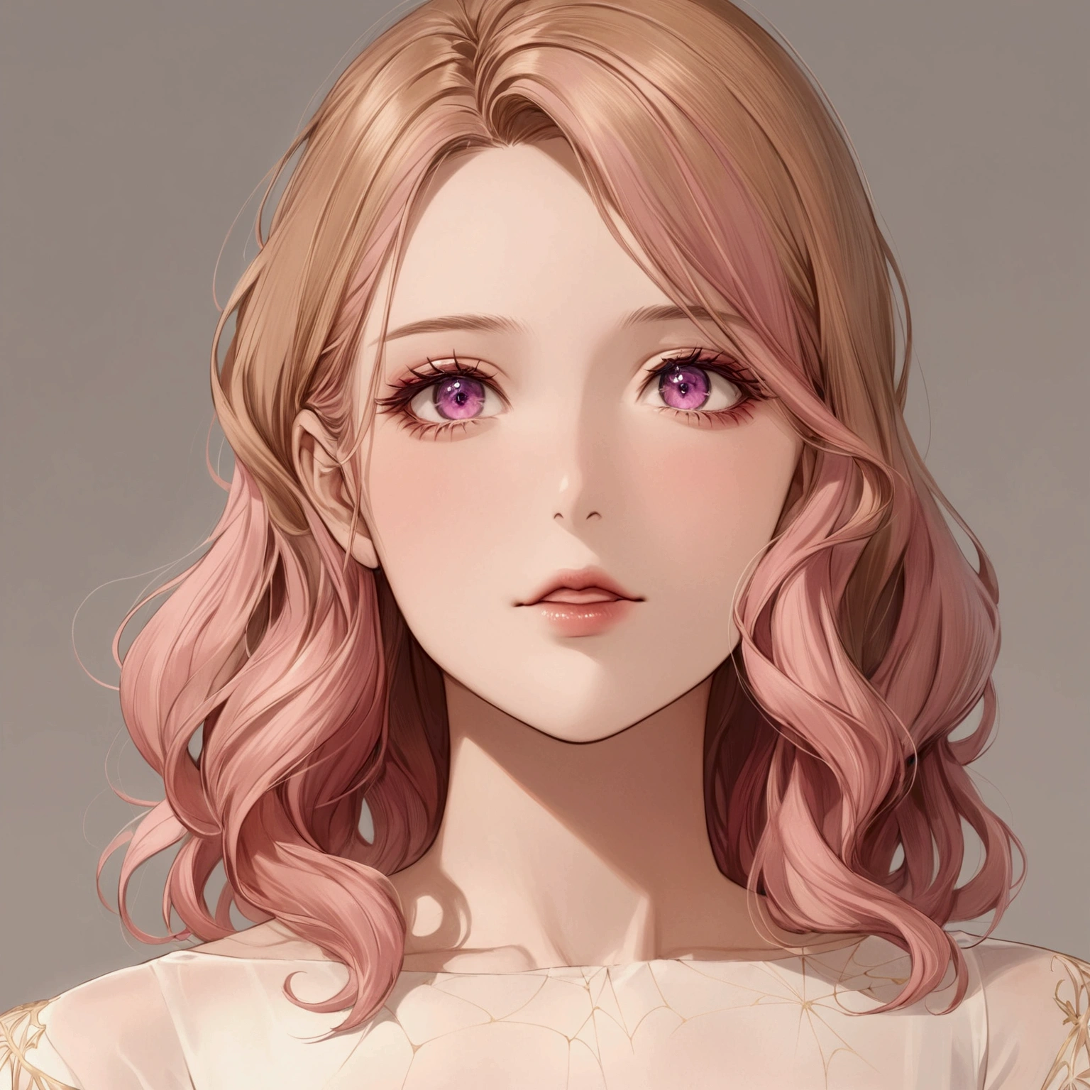 Create an anime-style girl with deep magenta eyes and long, wavy pink hair styled in an elegant updo. She is slender with small breasts. She wears a regal, ethereal dress with elegant and fantasy elements, featuring a gold, pastel pink, and rose gold color scheme. The dress has intricate spider web patterns and motifs.