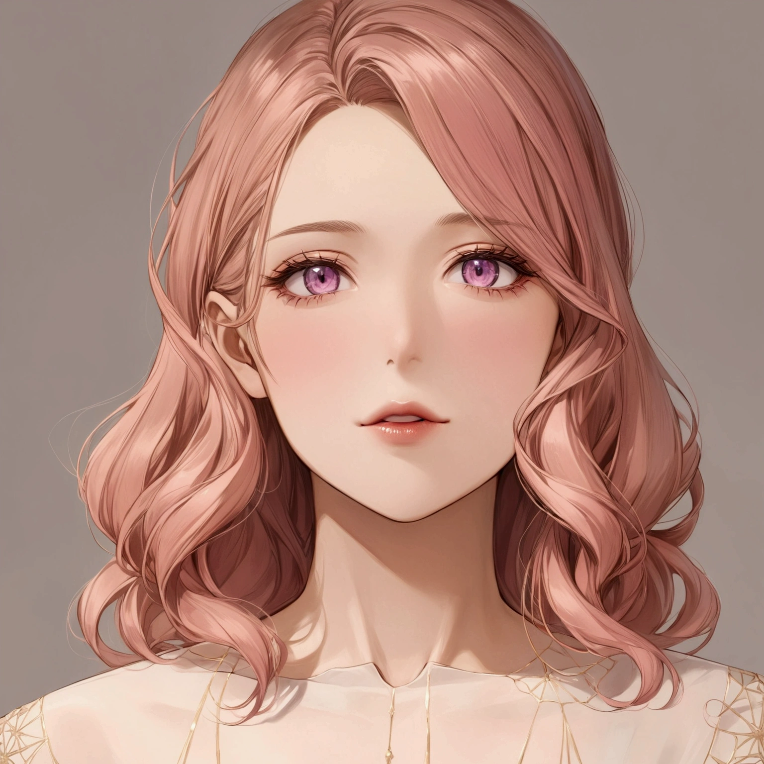 Create an anime-style girl with deep magenta eyes and long, wavy pink hair styled in an elegant updo. She is slender with small breasts. She wears a regal, ethereal dress with elegant and fantasy elements, featuring a gold, pastel pink, and rose gold color scheme. The dress has intricate spider web patterns and motifs.