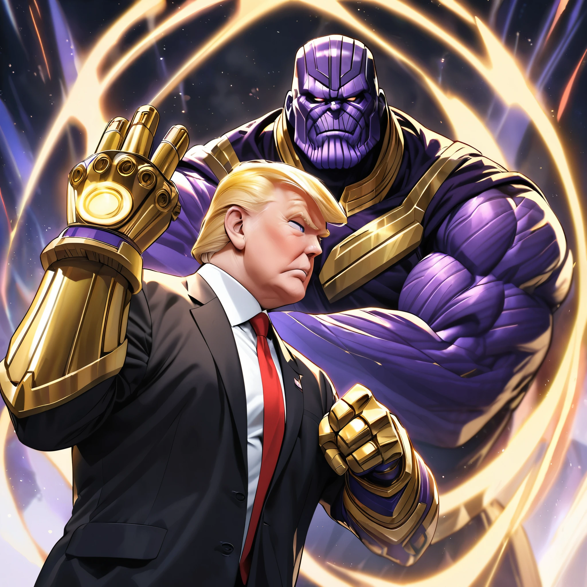 Donald Trump in a triumphant pose, He is portraying villain Thanos, wearing the Infinity gauntlet