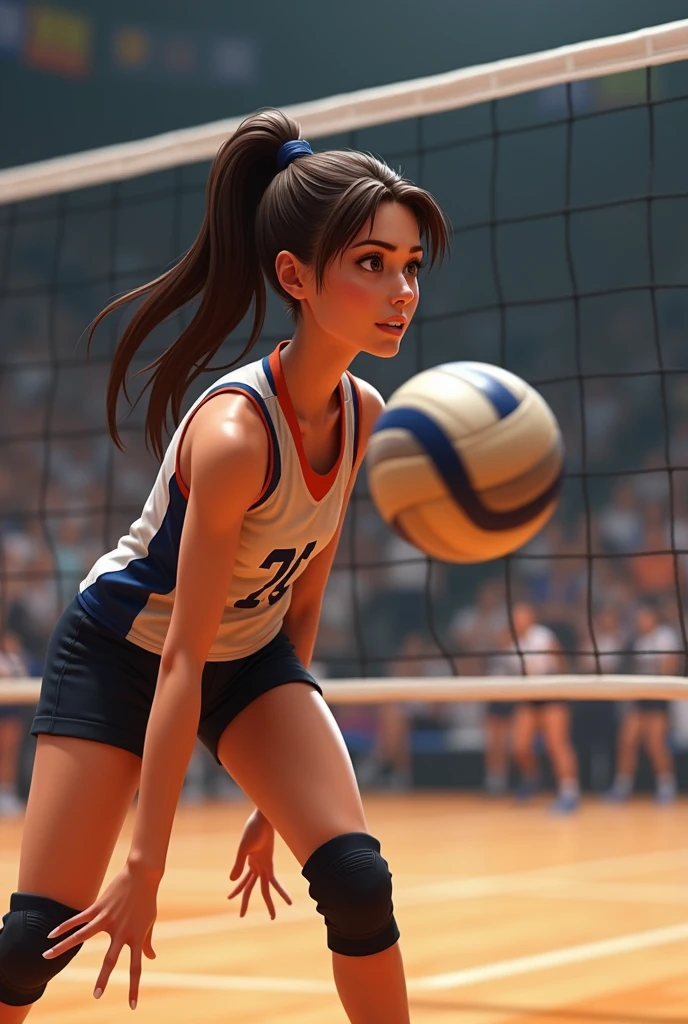 Create a realistic image of a woman with dark brown hair, brown eyes playing volleyball in a game