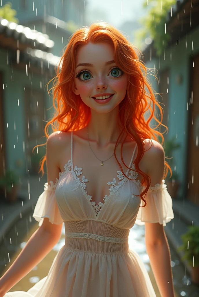 A 30 year old woman, redheadwear, with blue eyes, walking happily in the rain in a little white dress with transparent lace, with your wet body