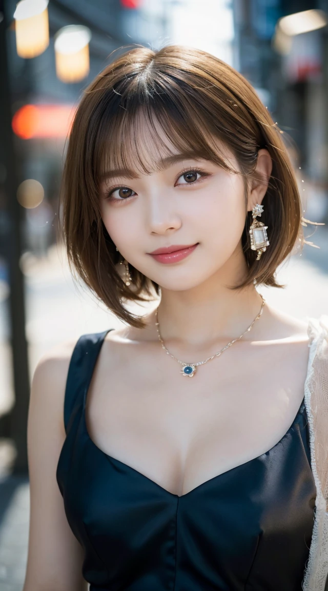 (Highest quality, masterpiece:1.3, Ultra-high resolution), (Very detailed, Caustics, 8k), (Realistic:1.4, RAW shooting), 1 girl, (Look at the camera with a smile), 20-year-old, cute, Japanese, Gradient Hair Color, Wolf Bob Cut Hairstyle, (Blonde Hair), Natural lips, (Wearing a satin dress and hot pants), (Wearing Chanel Etoile Philante earrings), (Wearing a Chanel Coco Crush necklace), Perfect necklace, (Perfect Piercing), Cleavage, (Tokyo streets at night), Bust up shot, Face Focus, Natural light, Backlight, (A bright light shines from above), (Lens flare), Professional Writing, Perfect body, Perfect Arms, Perfect Fingers, Perfect Legs, Perfect Hair, pores, Realistic skin texture, Perfect Teeth, (Low position), (Low Angle)