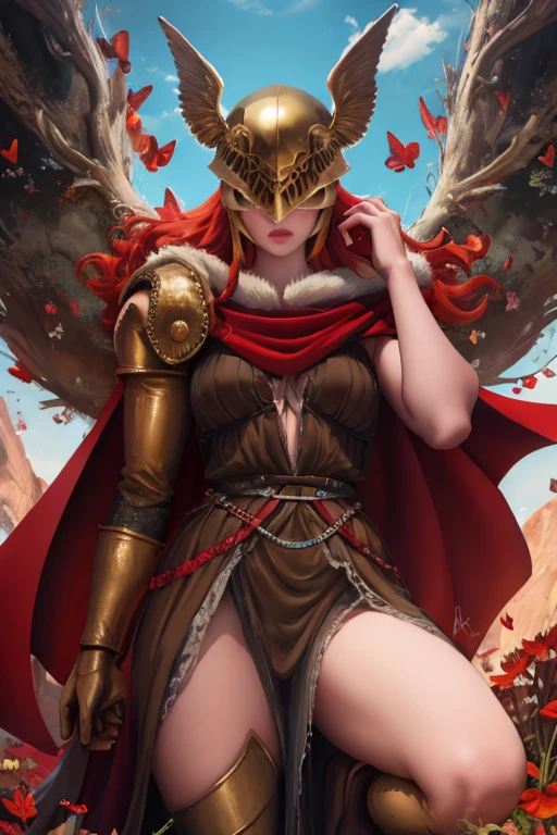 MaleniaDef, red hair, armor, cape, helmet, brown dress, MaleniaRot, wings, coverd eyes, scar, butterfly, bug prothestic leg, single mechanical arm, prosthesis