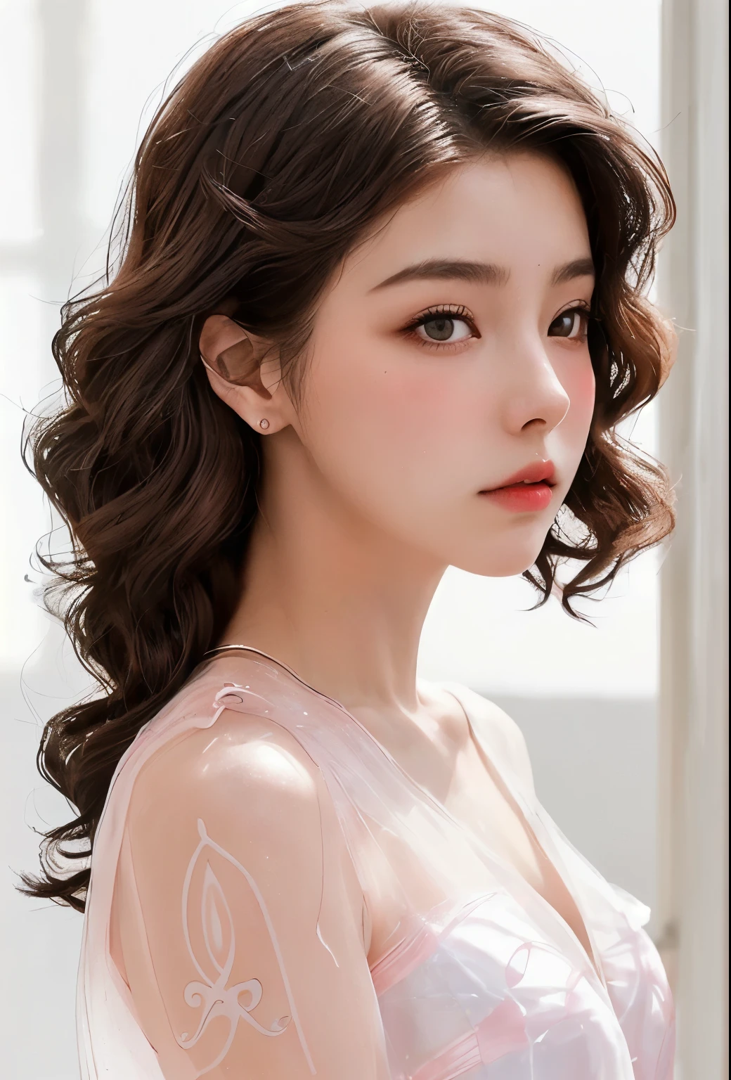 ((jewel_light element)), (Translucent luminous body_Wearing a pink and white frilly blouse), (girl made of light: 1.2, Long wavy hairstyle with delicate features and shine: 1.3), (minimalism: 0.5), (Front view close-up angle: 1.3), 4K, HDR, acid graphics, fantasy work, [Detailed and vivid face: 0.33], (White and translucent body and hair: 1.3), Beautiful woman shining with silhouette outline, Revealing understated elegance ... A calm and dignified atmosphere provides a subtle sense of luxury.........  stylish pose, fluorescent lamp, Glowing tattoo, bioluminescent tattoo, And the shining pattern.