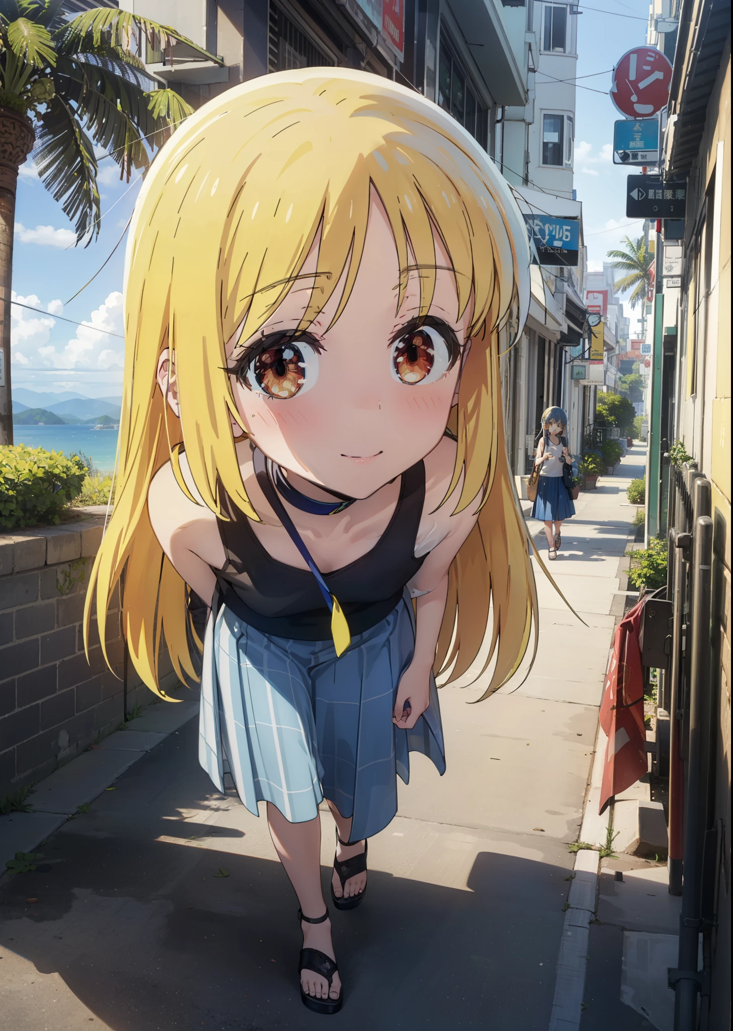 Nijika Ijichi, very cute and beautiful girl,(highly detailed beautiful face and eyes),Check it out, long hair, bangs, yellow hair, (brown eyes:1.2),Blue Tank Top,White long skirt,Heeled Sandals,Daytime,Clear skies,Palm tree,Walking,smile,Close your mouth,blush,whole bodyがイラストに入るように,
break outdoors, tropical,Tropical,Coastal Road,
break looking at viewer, whole body,
break (masterpiece:1.2), Highest quality, High resolution, unity 8k wallpaper, (figure:0.8), (Beautiful attention to detail:1.6), Highly detailed face, Perfect lighting, Highly detailed CG, (Perfect hands, Perfect Anatomy),