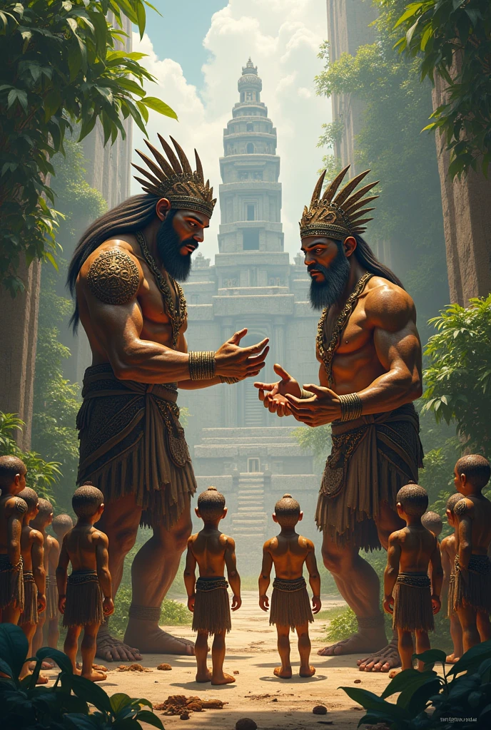 2 Mayan gods (men) creando men de madera mientras otros men de madera caminan entre ellos