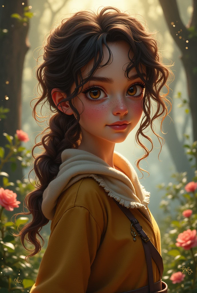 Crie a Charlotte, a 12 year old girl, genius in hand-to-hand combat, with curly hair, brunette skin, freckles, brown heterochromia, perfect smile and dimples in his chin, besides a turned-up nose Fantasy book style