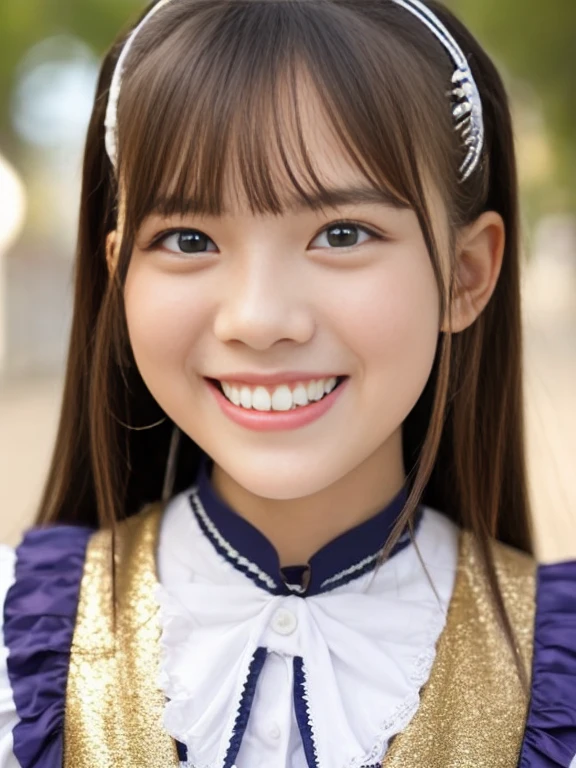 photo realistic, photo of over the knees, a girl in gold satin dress, 14 yo, pretty face, Magical ****ta Girl,****ta Fashion, Colorful frilly satin costume:1.2, smile、Double teeth, detailed Face, detailed Eyes、Drooping eyebrows, blush, break, Bright lighting, diagonal standing pose:1.2, low angle shot:1.6, 