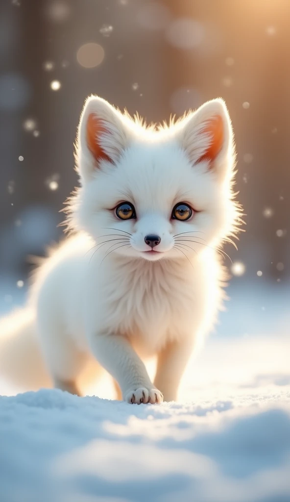 A very cute little white fox has soft white fur, and its eyes sparkle with curiosity and innocence. Its small body lightly jumps in the snow, and its tail is fluffy and elegant. Style: Warm Photography.Using soft natural light and warm tones to capture the gentleness and liveliness of the little white fox. The background can be snow or forest to highlight its pure white. In English, this can be translated as:A delightfully adorable little white fox with its tender white fur and eyes that twinkle with curiosity and innocence. Its petite form capers lightly through the snow, its tail plush and graceful. Style: Cozy Photography.Capturing the fox's gentleness and vivacity with the soft glow of natural light and a warm color palette. The backdrop could be a snowy landscape or a forest, accentuating its pristine whiteness.