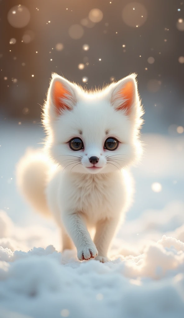 A very cute little white fox has soft white fur, and its eyes sparkle with curiosity and innocence. Its small body lightly jumps in the snow, and its tail is fluffy and elegant. Style: Warm Photography.Using soft natural light and warm tones to capture the gentleness and liveliness of the little white fox. The background can be snow or forest to highlight its pure white. In English, this can be translated as:A delightfully adorable little white fox with its tender white fur and eyes that twinkle with curiosity and innocence. Its ite form capers lightly through the snow, its tail plush and graceful. Style: Cozy Photography.Capturing the fox's gentleness and vivacity with the soft glow of natural light and a warm color palette. The backdrop could be a snowy landscape or a forest, accentuating its pristine whiteness.