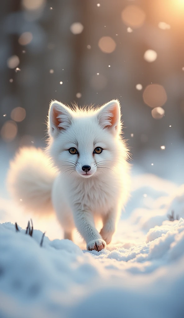 A very cute little white fox has soft white fur, and its eyes sparkle with curiosity and innocence. Its small body lightly jumps in the snow, and its tail is fluffy and elegant. Style: Warm Photography.Using soft natural light and warm tones to capture the gentleness and liveliness of the little white fox. The background can be snow or forest to highlight its pure white. In English, this can be translated as:A delightfully adorable little white fox with its tender white fur and eyes that twinkle with curiosity and innocence. Its ite form capers lightly through the snow, its tail plush and graceful. Style: Cozy Photography.Capturing the fox's gentleness and vivacity with the soft glow of natural light and a warm color palette. The backdrop could be a snowy landscape or a forest, accentuating its pristine whiteness.