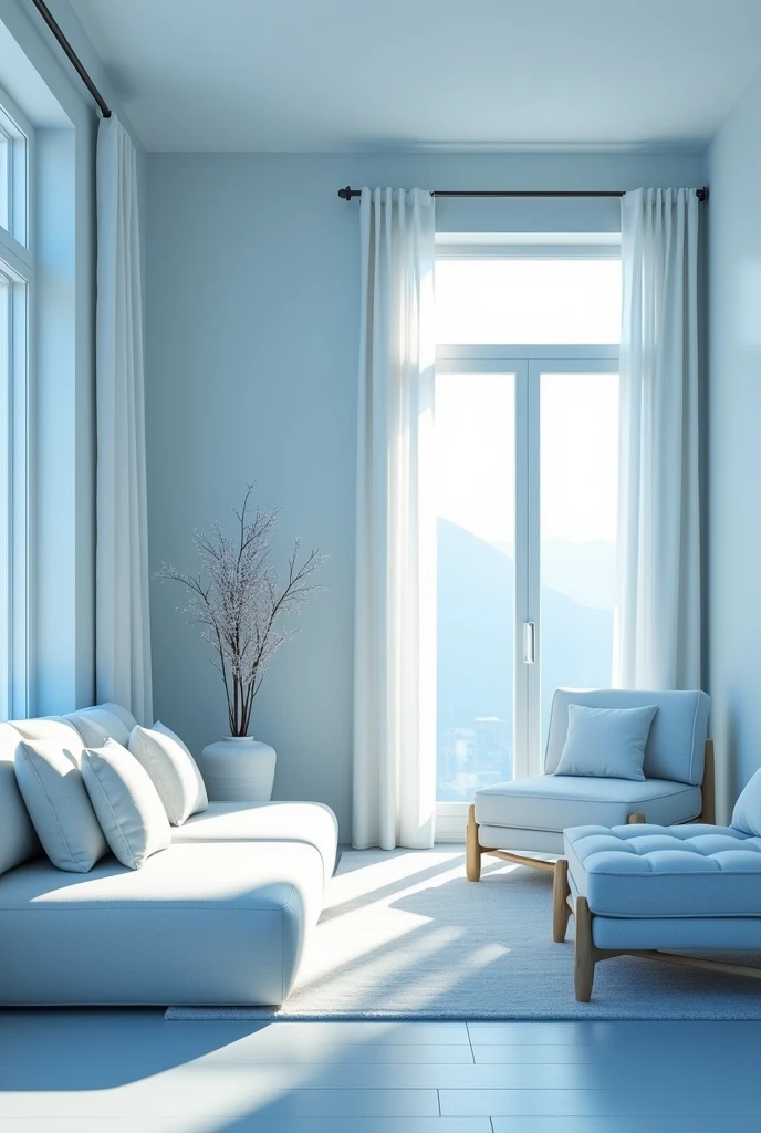Blue and white scenery, room, without people