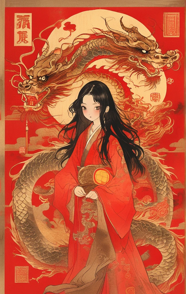 A long-haired girl dressed in red and gold has her head bitten by a dragon, surrounded by traditional symbols such as lanterns, couplets and gold ingots. Standing in front of the background, the color scheme is bright and vivid, but also a little eerie.