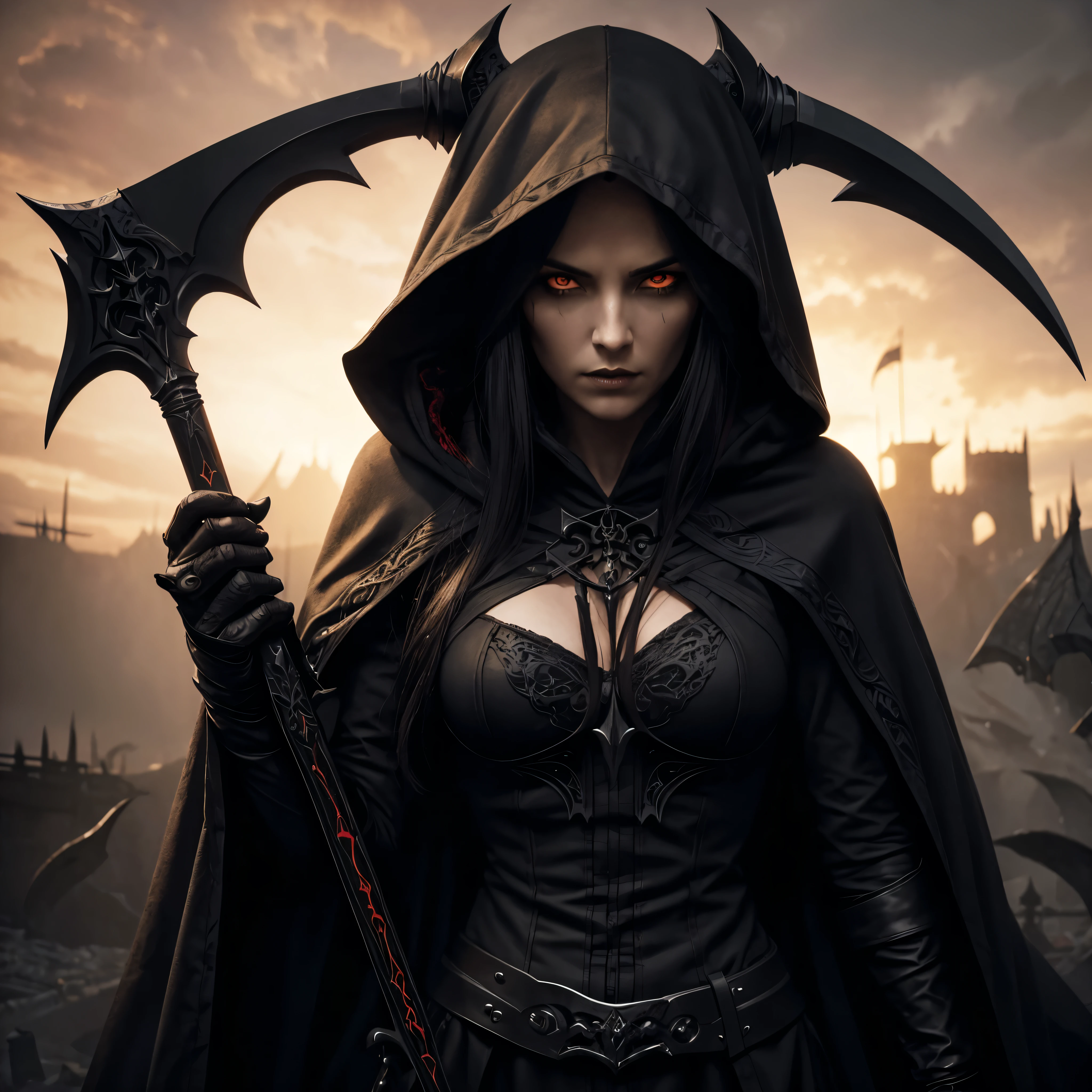 a female grimm reaper warrior, dark hooded robe, scythe weapon, gothic fantasy, intricate details, dark moody lighting, dramatic pose, intense glowing eyes, detailed facial features, long flowing hair, dark shadowy background, photorealistic, 8k, highly detailed, cinematic, dramatic lighting, dramatic atmosphere, striking pose