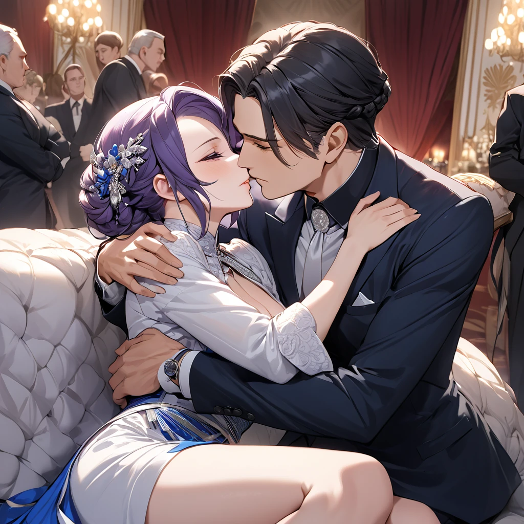 ((Highest quality)), ((masterpiece)), (detailed), (Perfect Face)、The woman is Shinobu Kocho, a Russian with black hair in a purple gradient bob style, tied up in a formal evening hairstyle.、The woman is a member of the United Russia party and is beautifully dressed in a suit and lavish accessories.、She is a United Russia member who is dedicated to the cause of a great United Russia, and she deeply respects and worships the leader of the Great Russian Party, a United Russia supremacist.、As the secretary and mistress of a great United Russia official, the woman wholeheartedly devotes herself to serving him, body and soul, embracing him, snuggling with him, kissing him, and serving him as a mistress to the great and beloved official.、The man is embracing and kissing the woman as his lover