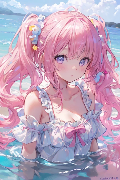 a beautiful girl in a frilly white swimsuit, mismatched eyes (right eye is pink, left eye is yellow), thin pink hair in twin tails, wearing a floatie, in the ocean, small bust, (best quality,4k,8k,highres,masterpiece:1.2),ultra-detailed,(realistic,photorealistic,photo-realistic:1.37),anime