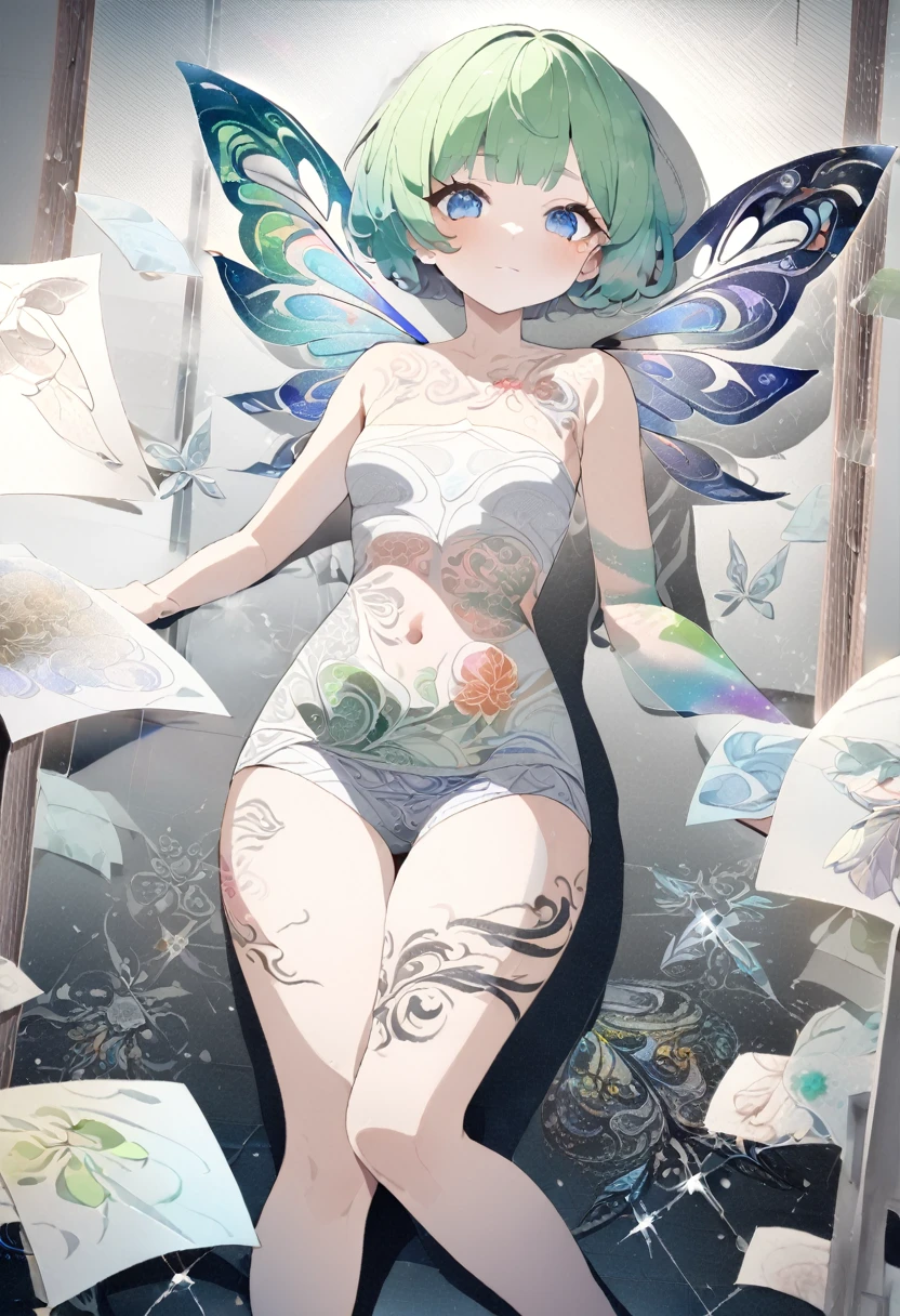 fusion of watercolors and oil paintings, fusion of paper cutting and shadow puppetry, mix of monochrome and color, cute spirit fairy, green pixie cut, blue eyes, make-up, amorous and lewd face, superlative body proportion, covered in tattoos, shading effects, gradation magic effects, foggy filter effects, glitter effects, (ultra detailed, absolutely resolution, best quality:1.3), 2.5D, delicate and dynamic, artistic photography, hyper realistic, graphic CG digital art