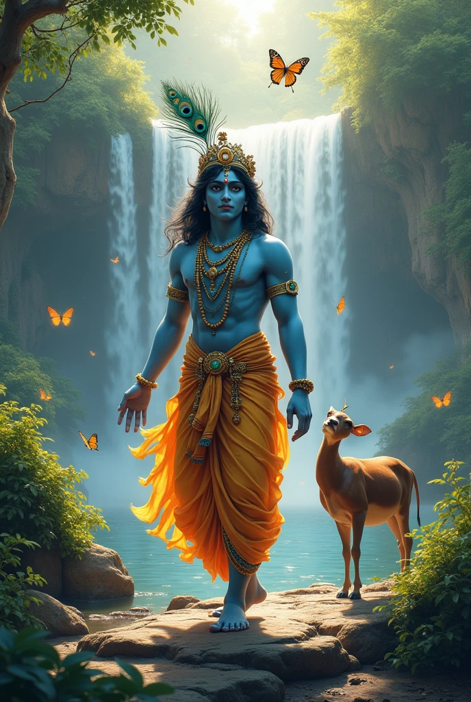 Photo lord cute krishna with peacocks and water fall  with butterflies and cow lord krishna heaving peacock feathers on head