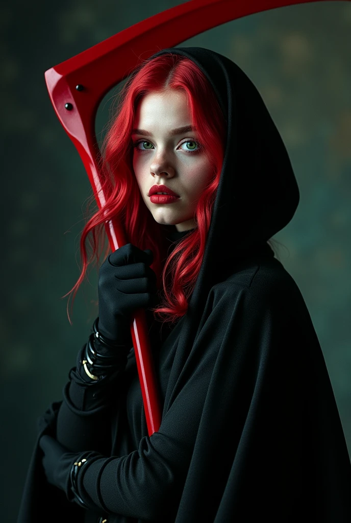 Photograph of a girl, perfect face, masterpiece, red black , black cape , red scythe weapon,redhead, green eyes, purple green aura, Madeline Pyor X-Men.