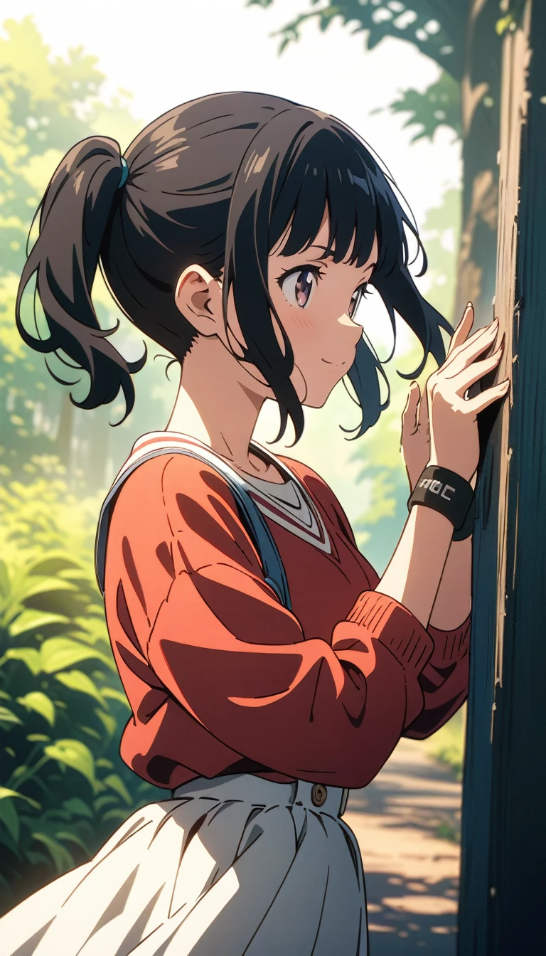 ((best quality)) , ((masterpiece)) , (detailed),Sweatband, red sweater and white skirt, black hair with bangs, double ponytail style, happy expression, outdoor background, in the style of Makoto Shinkai manga illustration, high resolution, detailed depiction of the character's face, full body portrait, anime art style, delicate texture, bright colors, soft lighting, and natural shadows. Anime aesthetic.