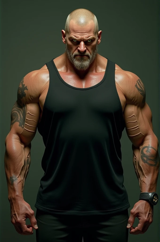 man, wide jawline, big nose, green eyes, dark circles, black tank top shirt, evil eyes, bandit, villain, robber, psycopath, veiny hands, veiny arms, big hands, tanned body, dark blonde hair, buzz cut, big wide mouth, very thick upper lips, square chin, clean shaved.