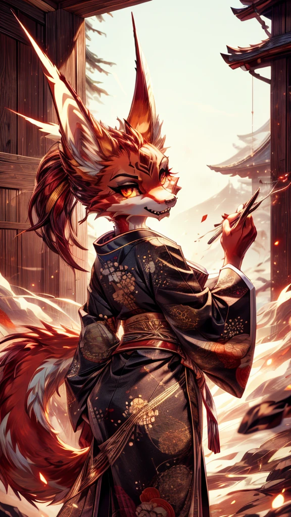 Masterpiece Best quality, the best definition to, two girl add aesthetic and lighting details white girl jackal, egiptian clothes, teen girl, ,white body, japanese shrine landscape, golden tattoo body, sensual eyes, kimono tradicional red pupil, glowing eyes. devilish girl, batwigs agregar_detail Ferocious fangs, sharp teeth, Demon yokai kitsune
